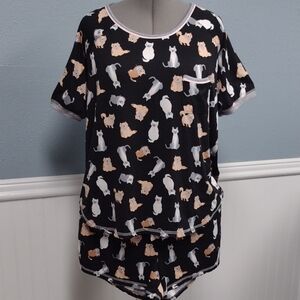 Women's Cat Print Pajama Set - Black Cat Print Shorts And Top